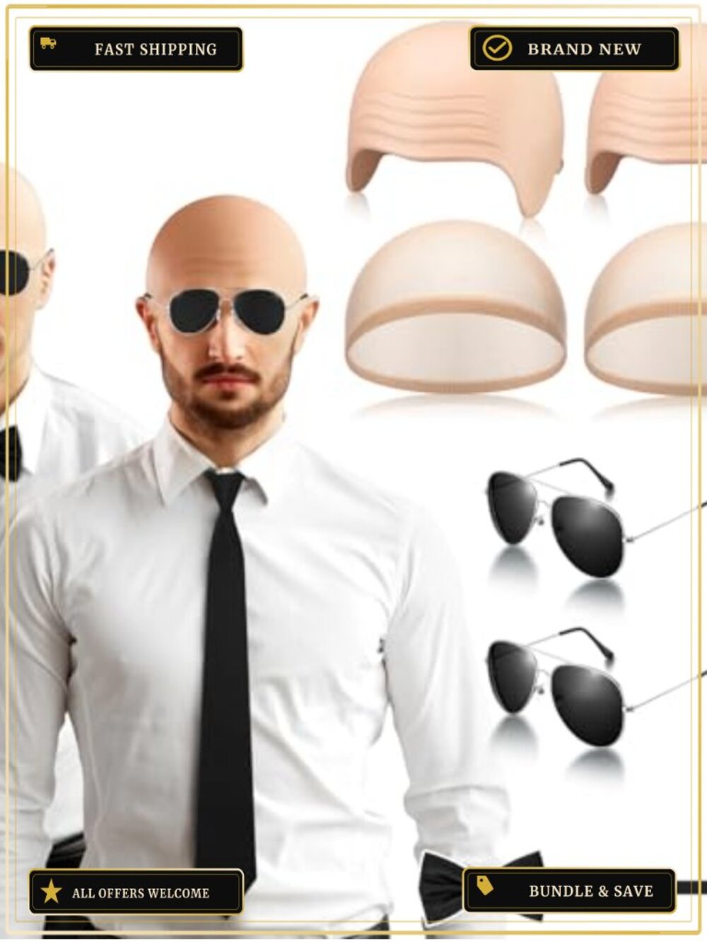 Halloween Bald Cap Costume Accessory Kit Latex Wig Caps Glasses Tie Set